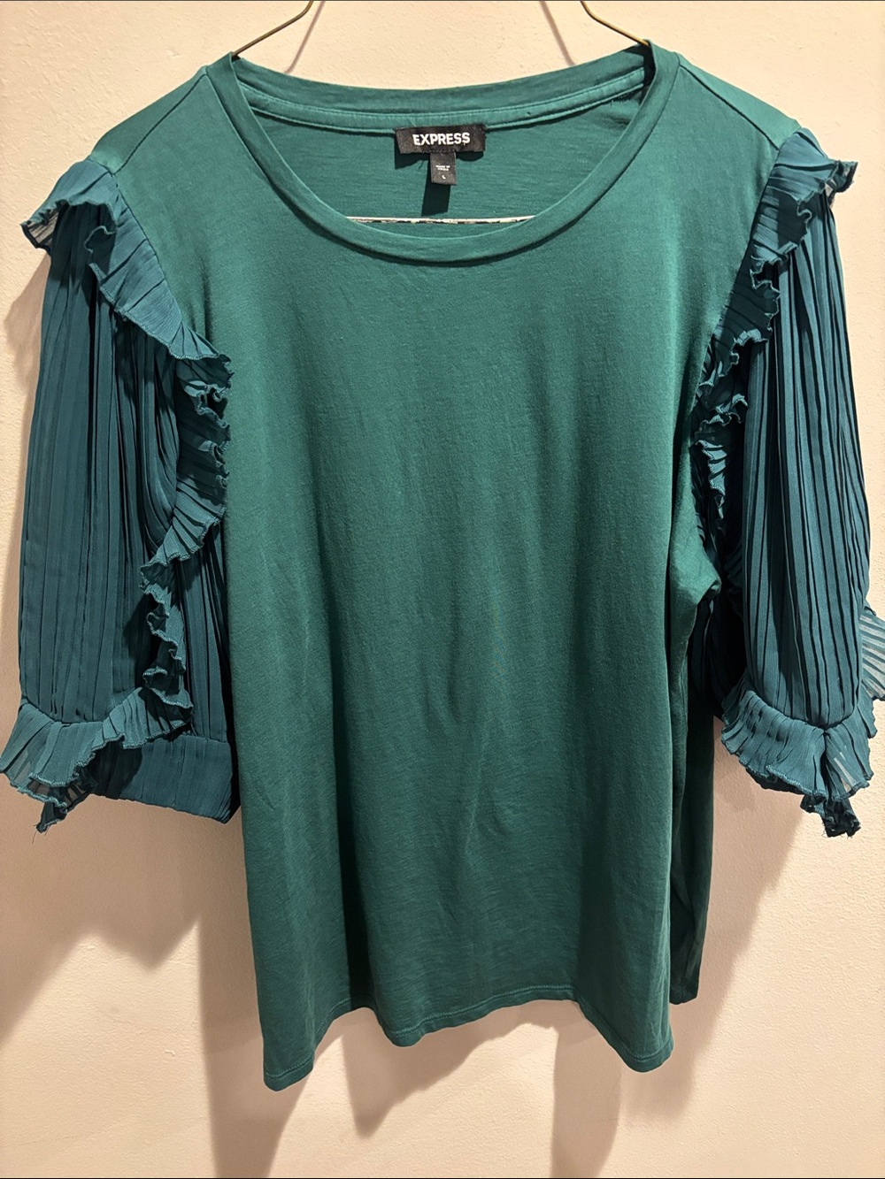 Express Women's Teal Ruffle Pleated Sleeve Tee